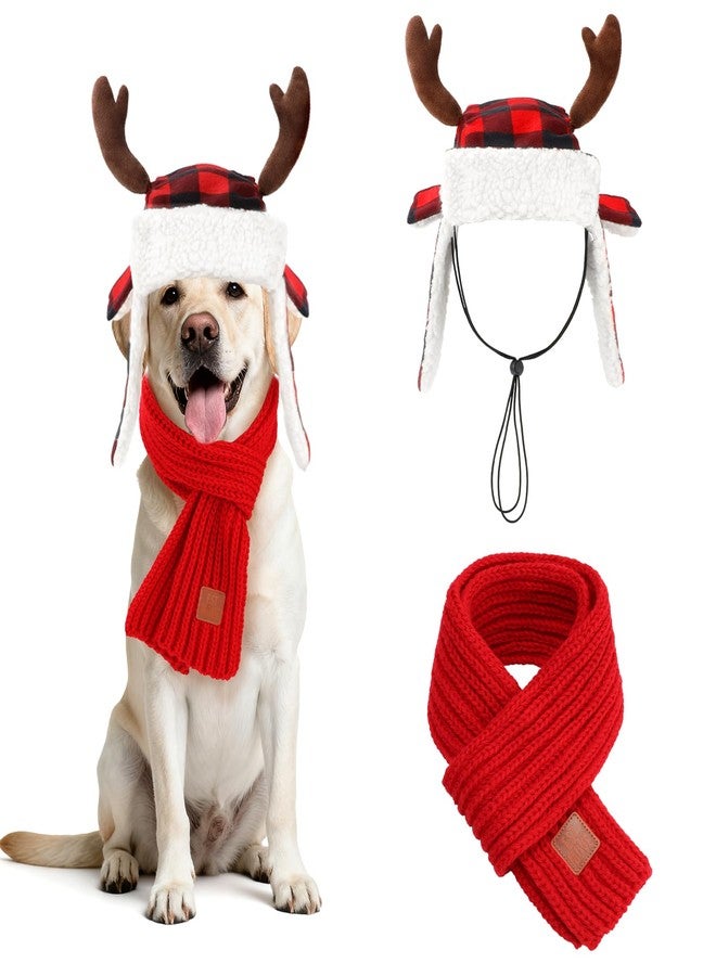 BWOGUE Christmas Antler Dog Santa Hat and Scarf, Adjustable Red Plaid Christmas Dog Hat, Pet Winter Neck Warmer and Festive Party Costumes for Medium to Large Dogs - Image 1
